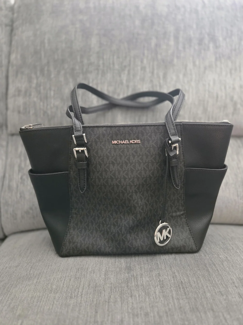 Michael Kors Black MK Monogram Tote with Silver Charm